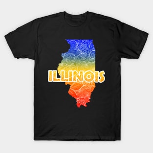 Colorful mandala art map of Illinois with text in blue, yellow, and red T-Shirt